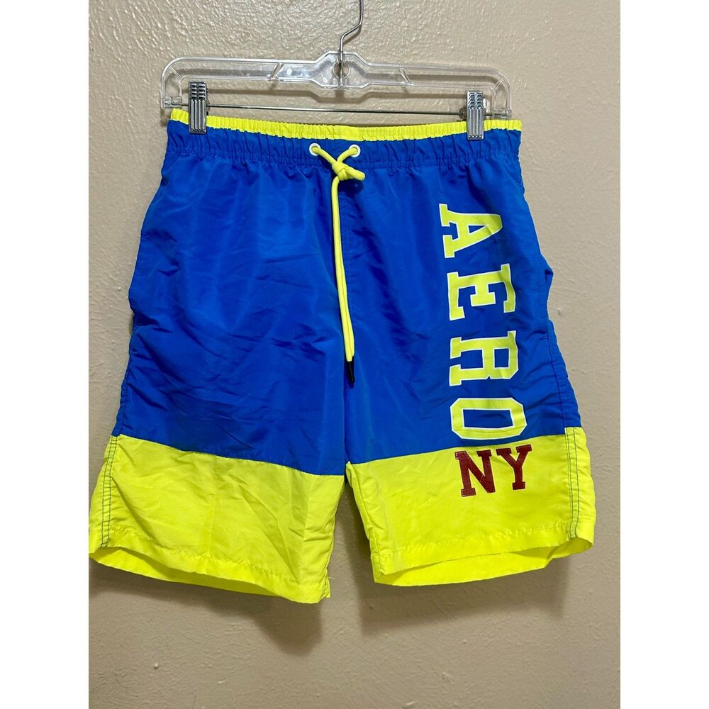 Aeropostale Men’s Swim Trunks Small Blue Yellow Board‎ Shorts AERO NY